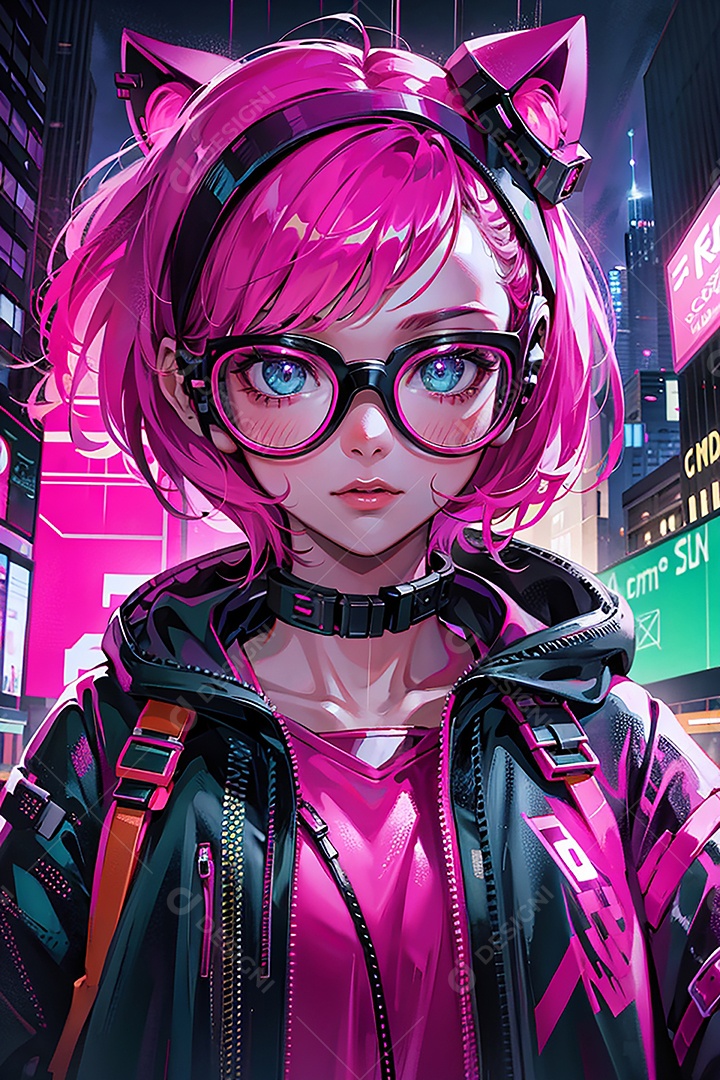 Anime pastel Sonho Cyberpunk menina adulto modelo cabelo curto olho