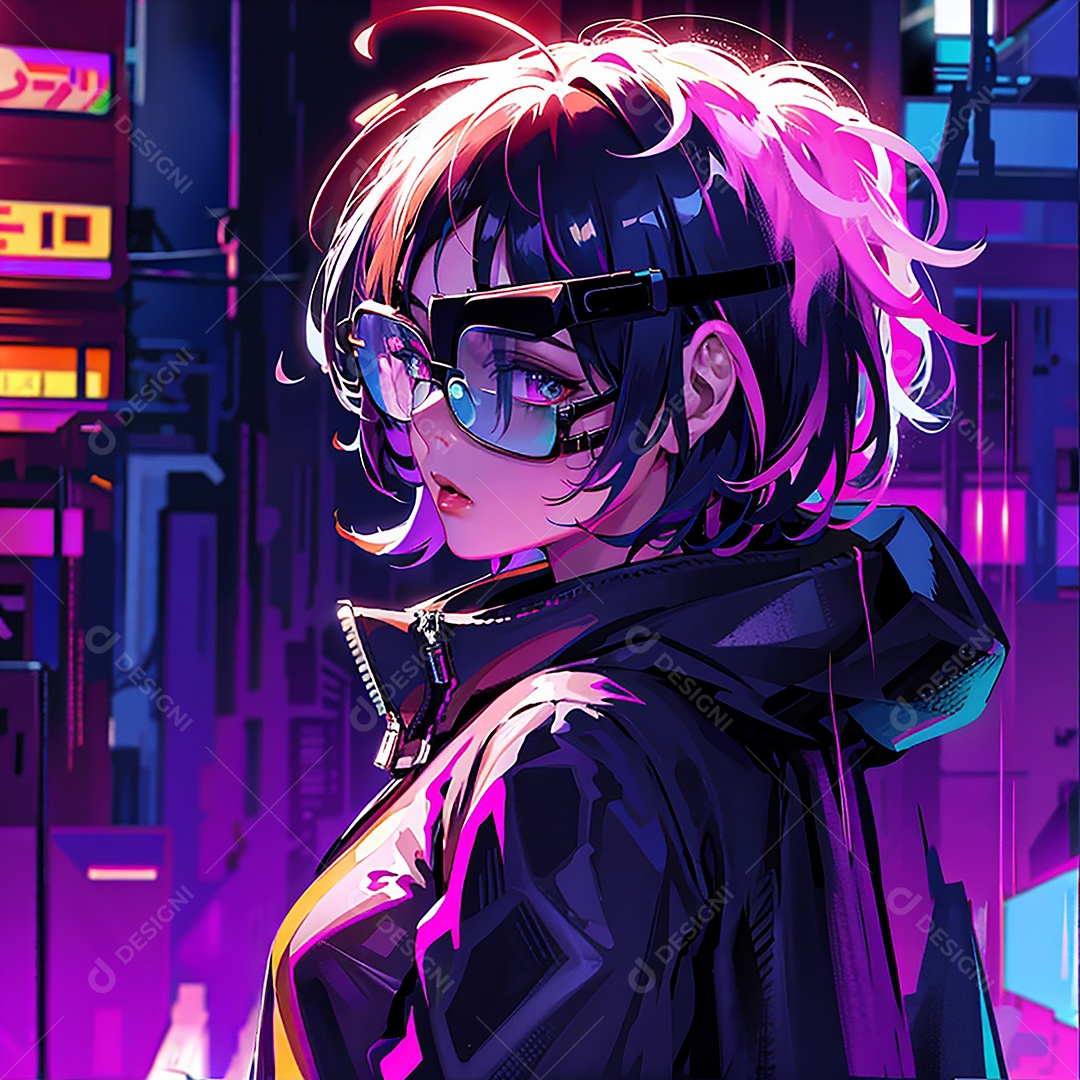 Anime pastel Sonho Cyberpunk menina adulto modelo cabelo curto olho