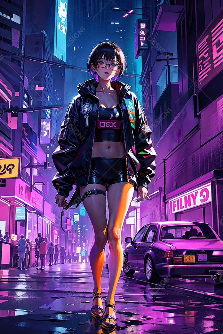 Anime pastel Sonho Cyberpunk menina adulto modelo cabelo curto olho