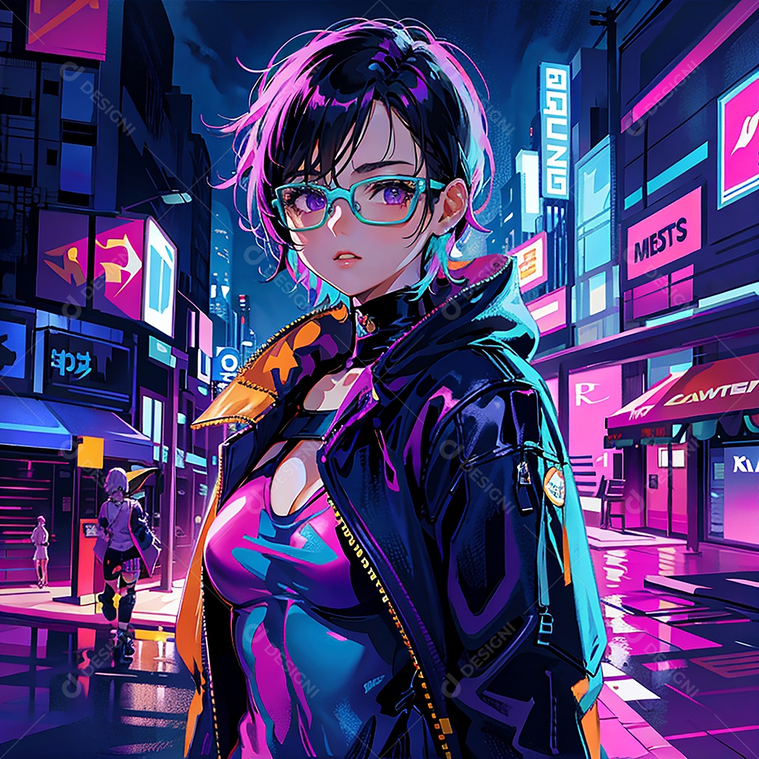 Anime pastel Sonho Cyberpunk menina adulto modelo cabelo curto olho