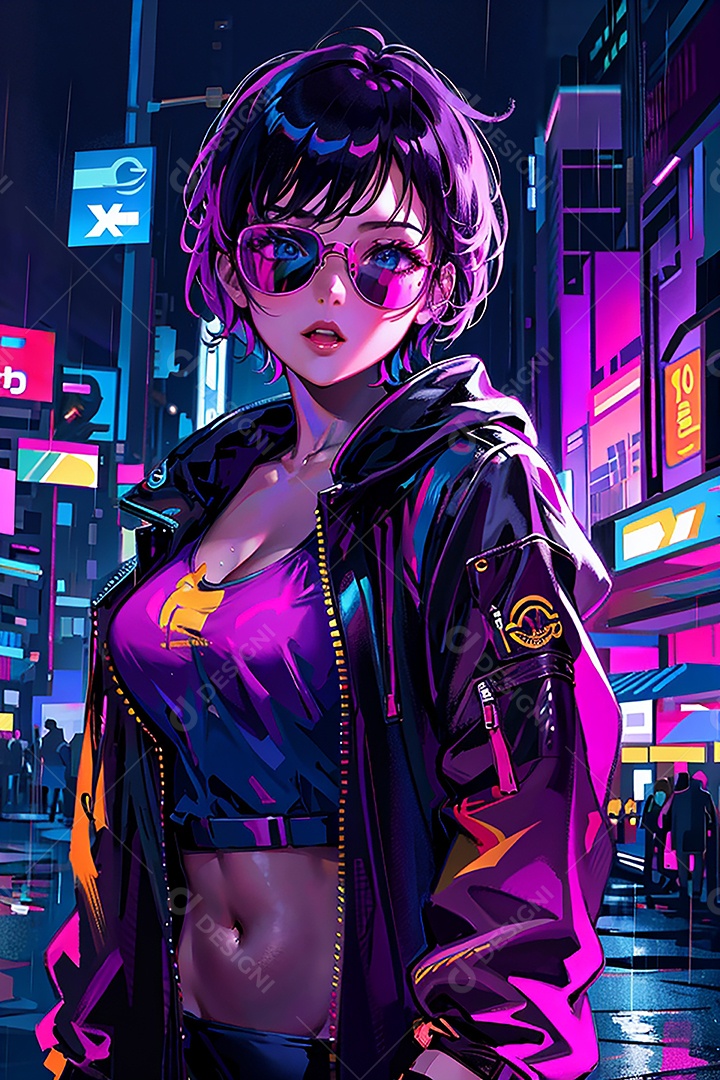 Anime pastel Sonho Cyberpunk menina adulto modelo cabelo curto olho