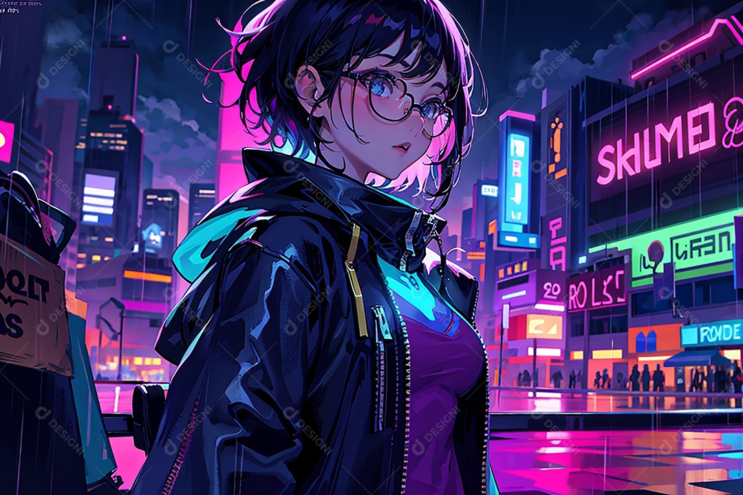 Anime pastel Sonho Cyberpunk menina adulto modelo cabelo curto olho