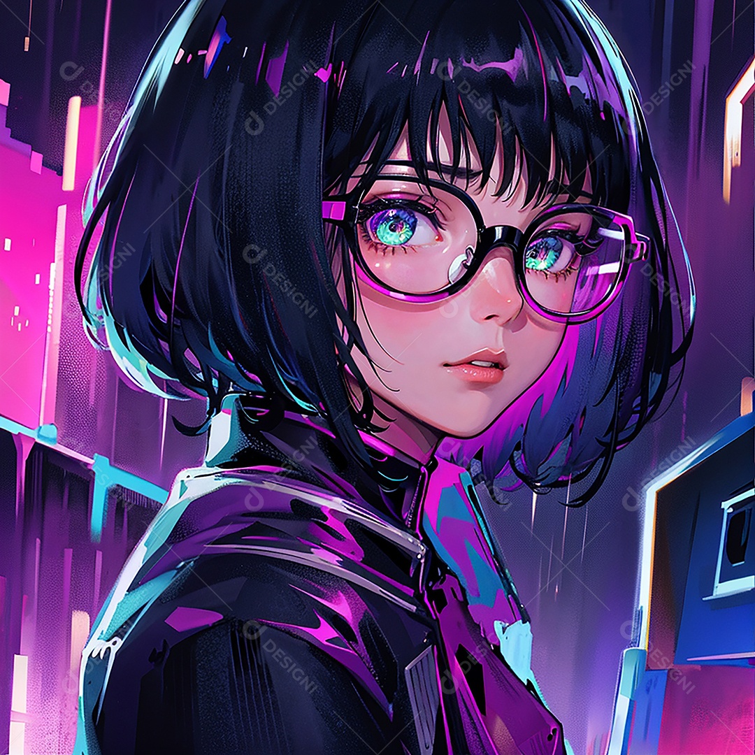 Anime pastel Sonho Cyberpunk menina adulto modelo cabelo curto olho