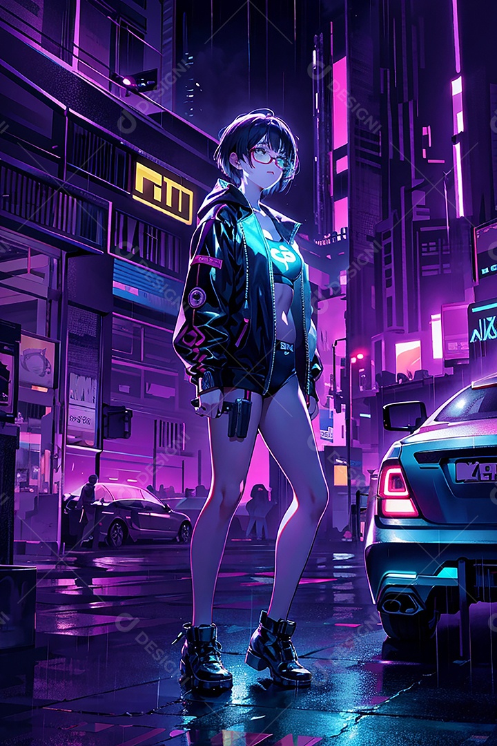 Anime pastel Sonho Cyberpunk menina adulto modelo cabelo curto olho