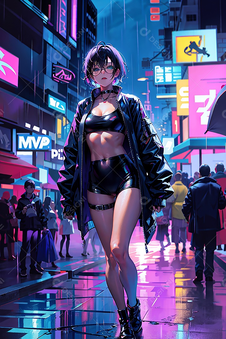 Anime pastel Sonho Cyberpunk menina adulto modelo cabelo curto olho