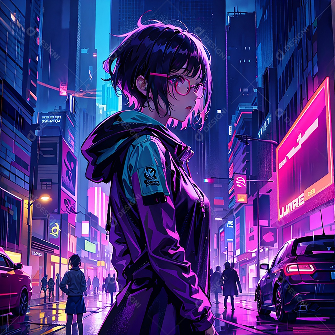 Anime pastel Sonho Cyberpunk menina adulto modelo cabelo curto olho