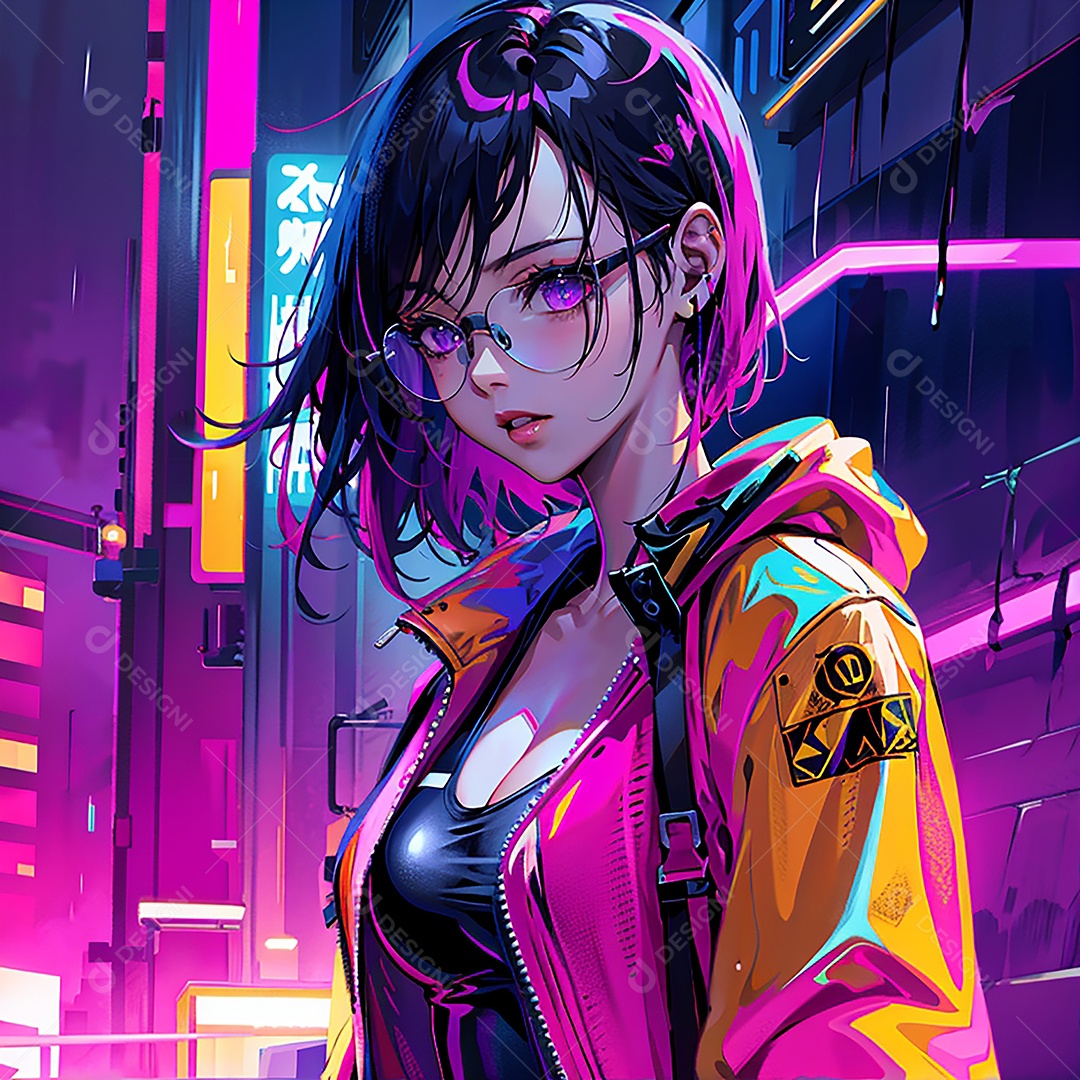 Anime pastel Sonho Cyberpunk menina adulto modelo cabelo curto olho