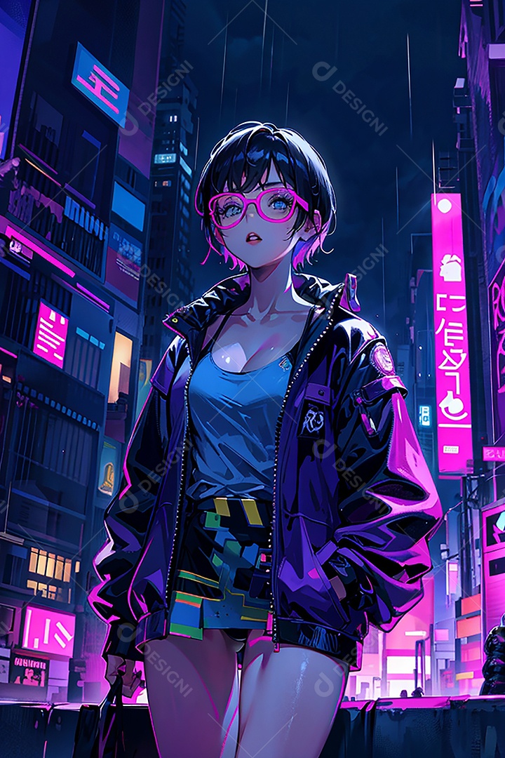 Anime pastel Sonho Cyberpunk menina adulto modelo cabelo curto olho