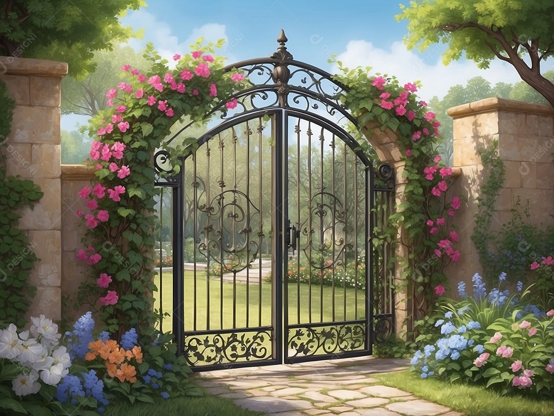 Um cenário de jardim vazio com um charmoso portão de ferro forjado, adornado com flores desabrochando e vinhas. Isso pode servir como uma bela entrada ou cena de transição.