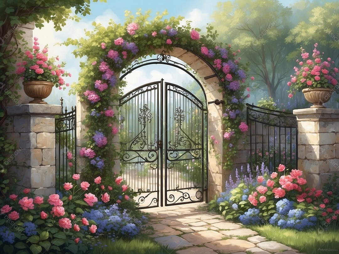 Um cenário de jardim vazio com um charmoso portão de ferro forjado, adornado com flores desabrochando e vinhas. Isso pode servir como uma bela entrada ou cena de transição.
