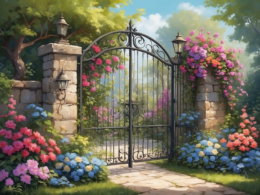 Um cenário de jardim vazio com um charmoso portão de ferro forjado, adornado com flores desabrochando e vinhas. Isso pode servir como uma bela entrada ou cena de transição.