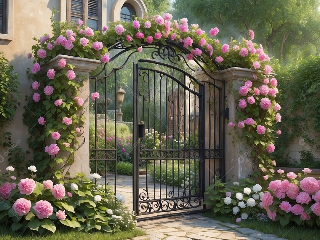 Um cenário de jardim vazio com um charmoso portão de ferro forjado, adornado com flores desabrochando e vinhas. Isso pode servir como uma bela entrada ou cena de transição.