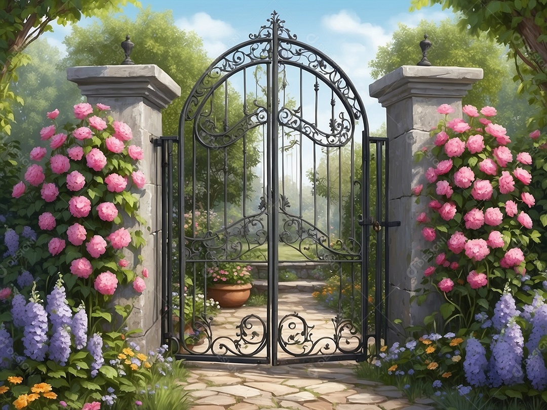 Um cenário de jardim vazio com um charmoso portão de ferro forjado, adornado com flores desabrochando e vinhas. Isso pode servir como uma bela entrada ou cena de transição.