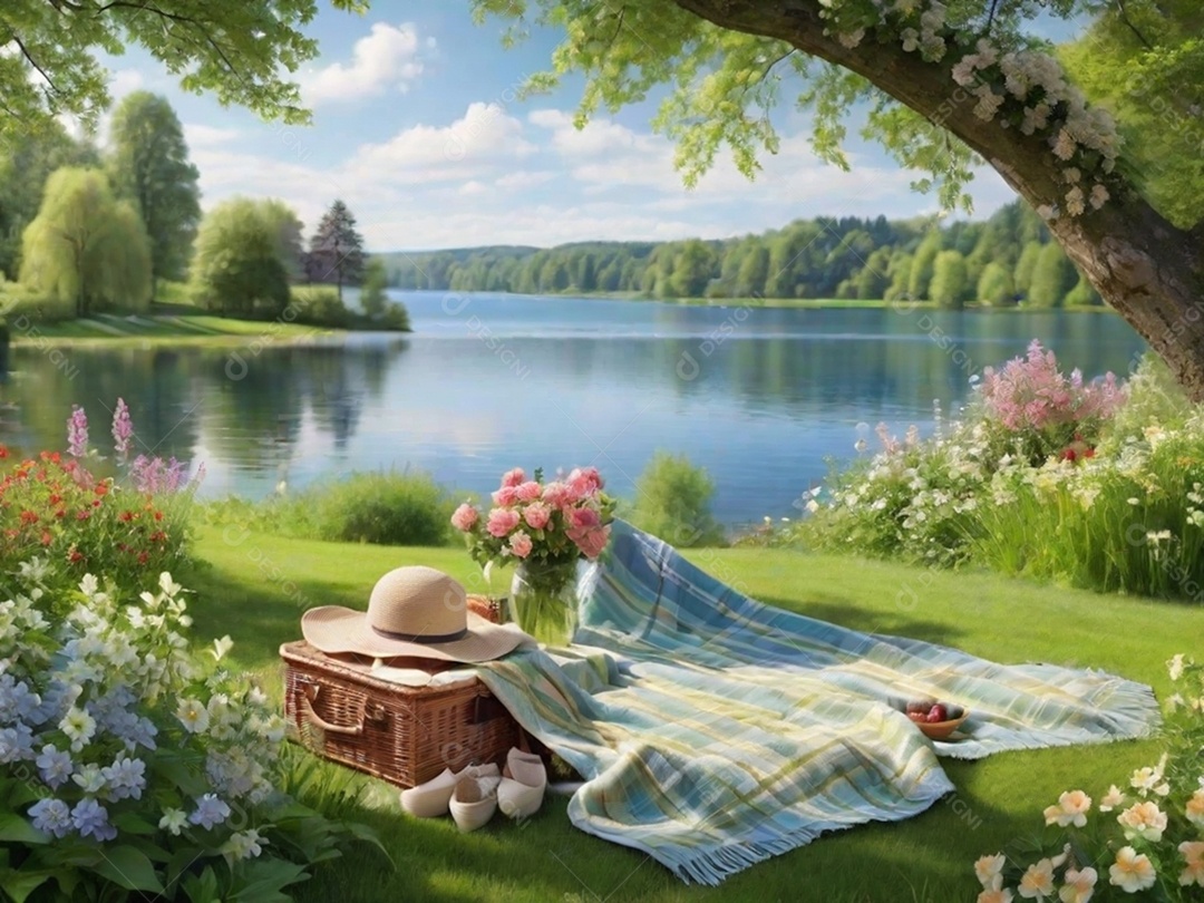 Um cenário idílico à beira do lago com uma toalha de piquenique, cercado por flores desabrochando e vegetação. Isso pode transmitir um clima relaxante e tranquilo.