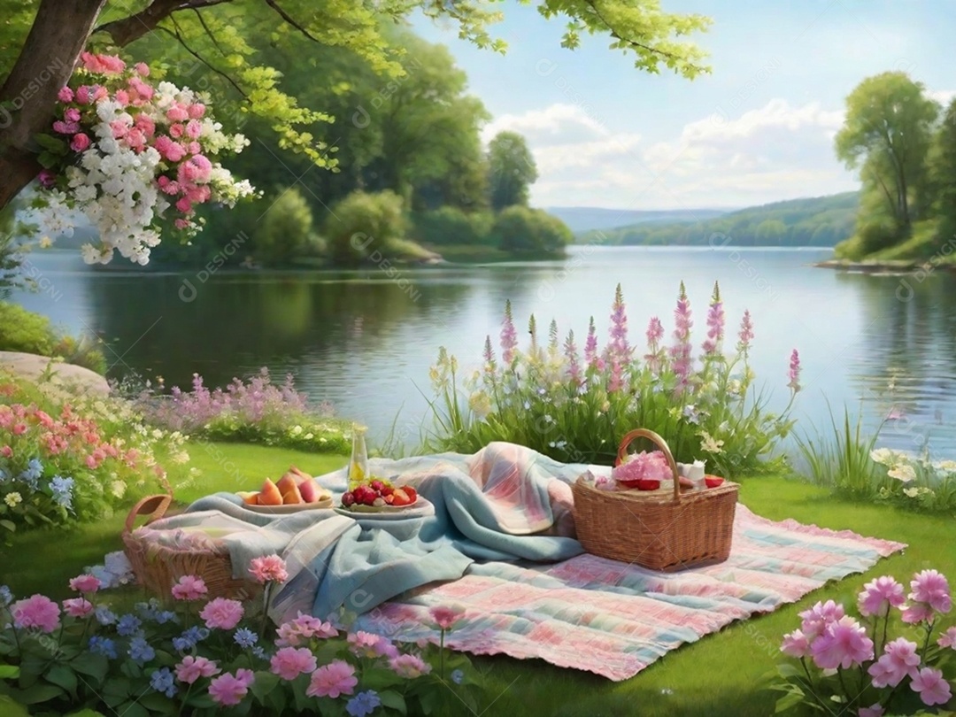 Um cenário idílico à beira do lago com uma toalha de piquenique, cercado por flores desabrochando e vegetação. Isso pode transmitir um clima relaxante e tranquilo.