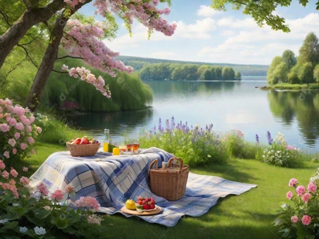 Um cenário idílico à beira do lago com uma toalha de piquenique, cercado por flores desabrochando e vegetação. Isso pode transmitir um clima relaxante e tranquilo.