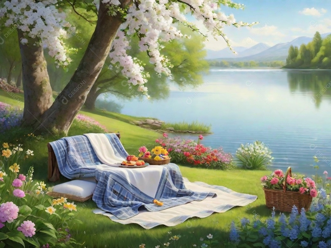 Um cenário idílico à beira do lago com uma toalha de piquenique, cercado por flores desabrochando e vegetação. Isso pode transmitir um clima relaxante e tranquilo.