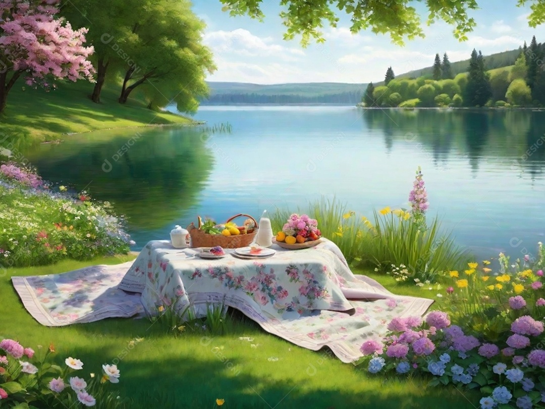 Um cenário idílico à beira do lago com uma toalha de piquenique, cercado por flores desabrochando e vegetação. Isso pode transmitir um clima relaxante e tranquilo.