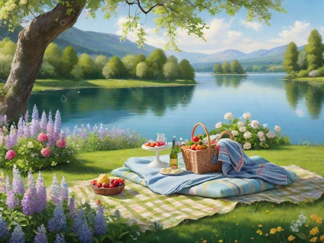 Um cenário idílico à beira do lago com uma toalha de piquenique, cercado por flores desabrochando e vegetação. Isso pode transmitir um clima relaxante e tranquilo.