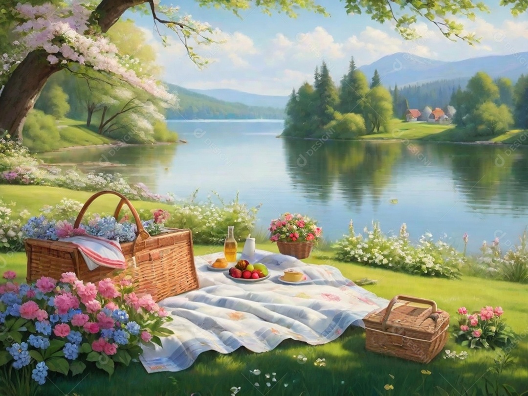 Um cenário idílico à beira do lago com uma toalha de piquenique, cercado por flores desabrochando e vegetação. Isso pode transmitir um clima relaxante e tranquilo.