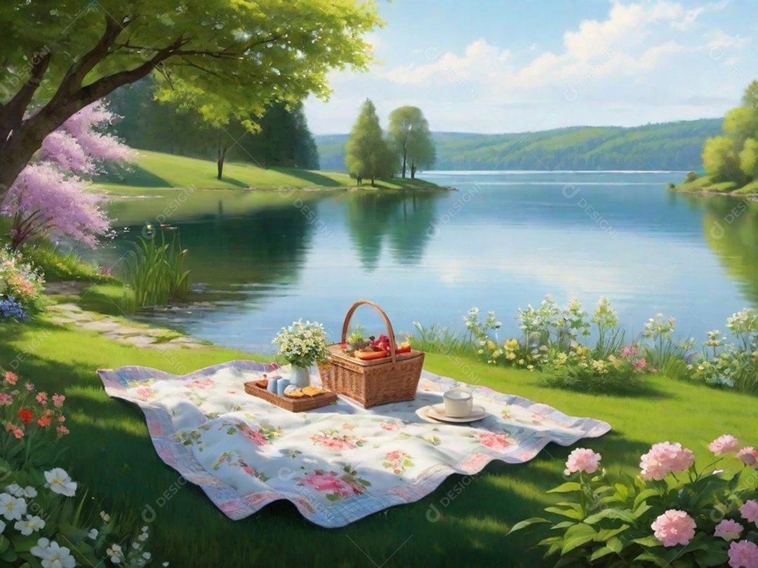 Um cenário idílico à beira do lago com uma toalha de piquenique, cercado por flores desabrochando e vegetação. Isso pode transmitir um clima relaxante e tranquilo.