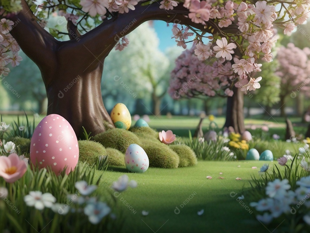 Ovos de Páscoa escondidos, cercado por árvores e flores em flor. Ideal para festas de primavera.