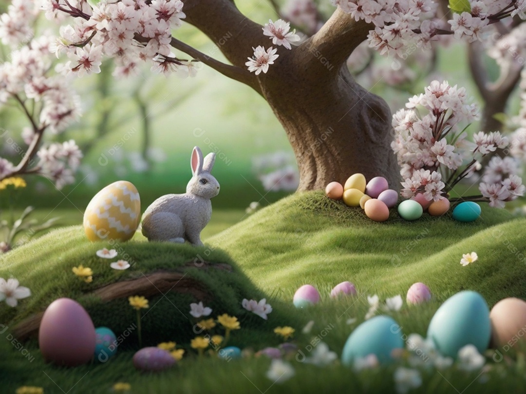 Ovos de Páscoa escondidos, cercado por árvores e flores em flor. Ideal para festas de primavera.