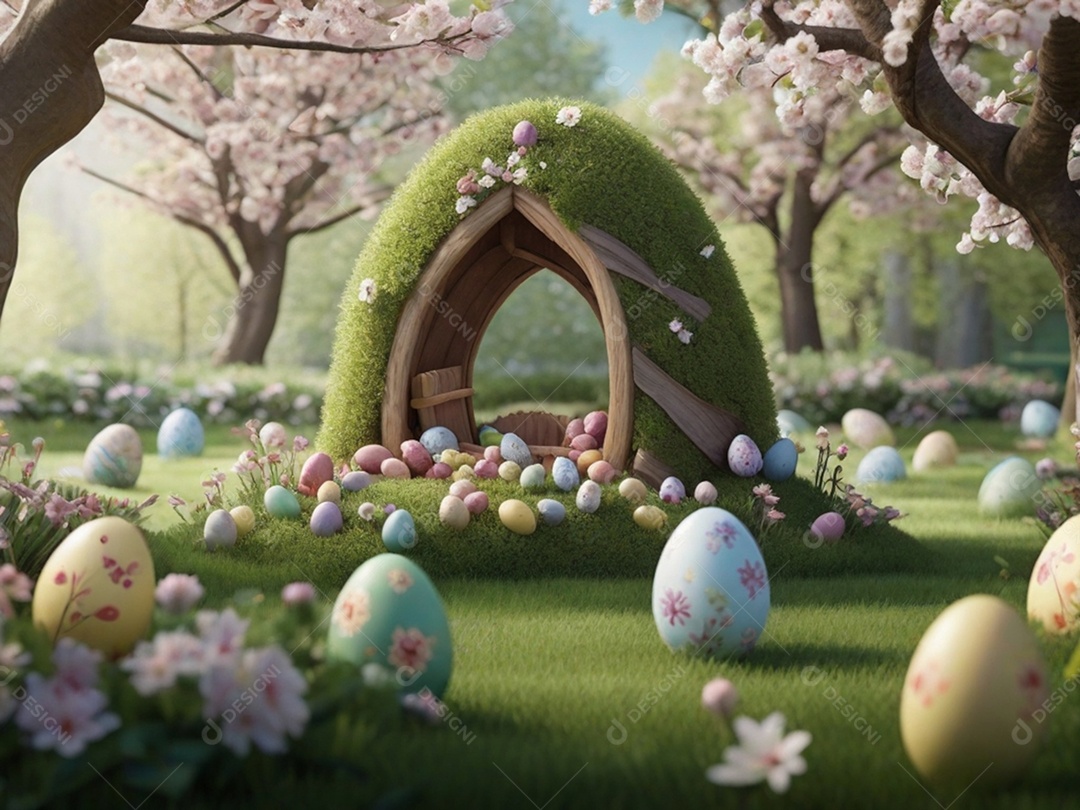 Ovos de Páscoa escondidos, cercado por árvores e flores em flor. Ideal para festas de primavera.
