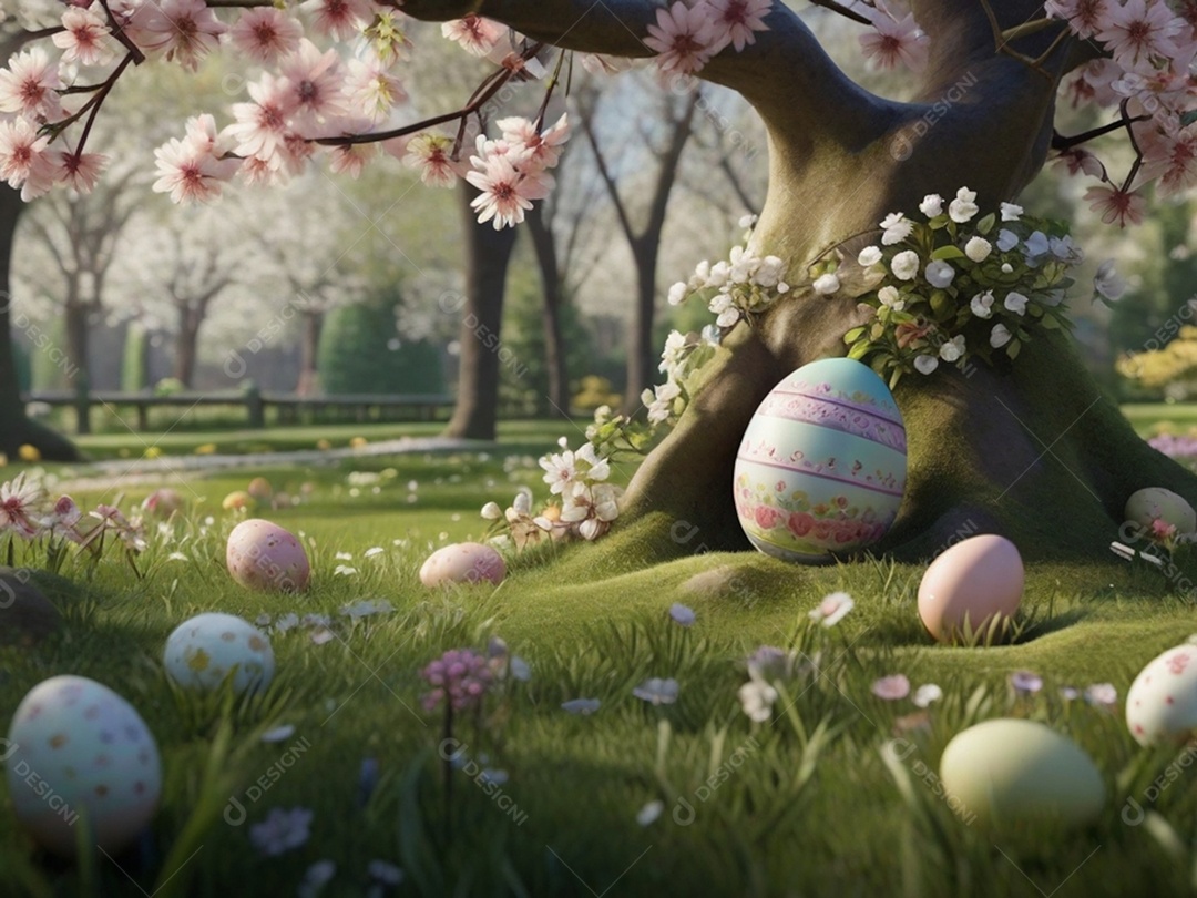Ovos de Páscoa escondidos, cercado por árvores e flores em flor. Ideal para festas de primavera.