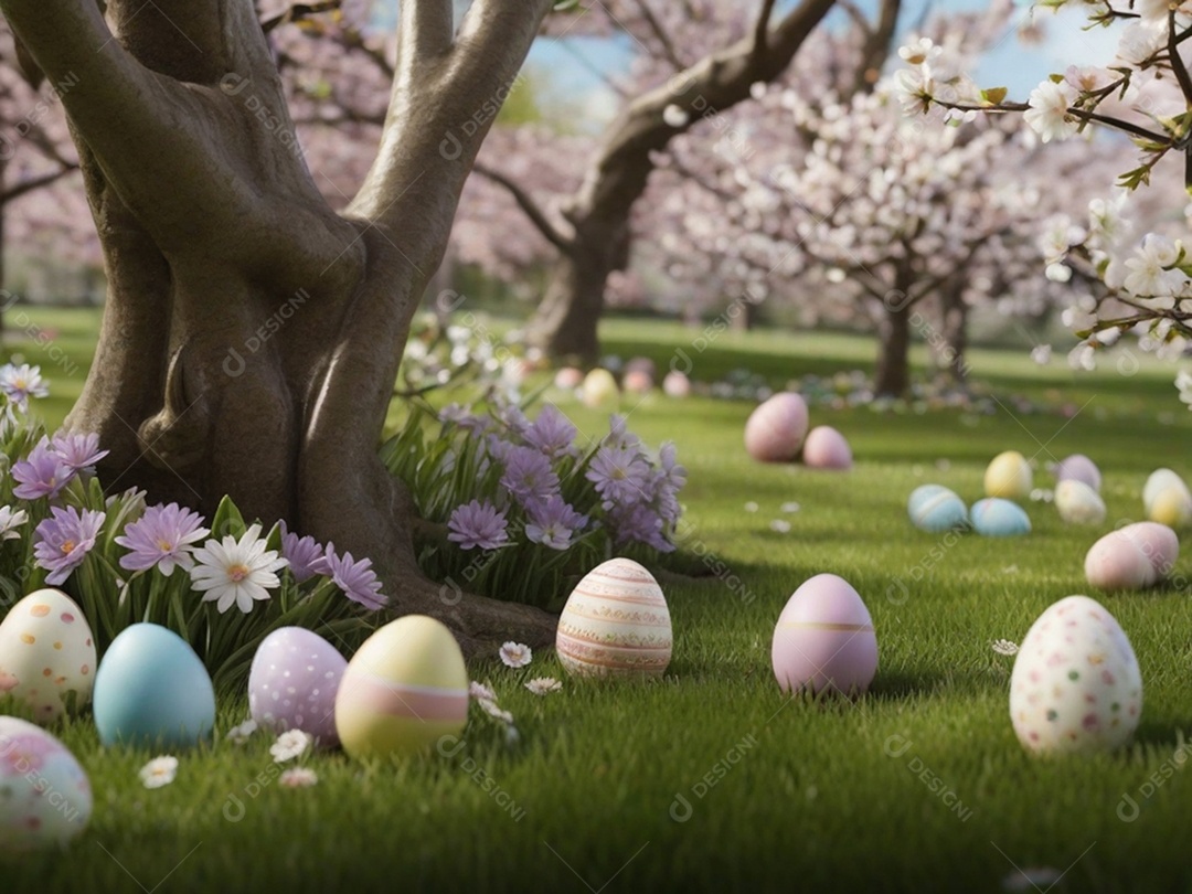 Ovos de Páscoa escondidos, cercado por árvores e flores em flor. Ideal para festas de primavera.