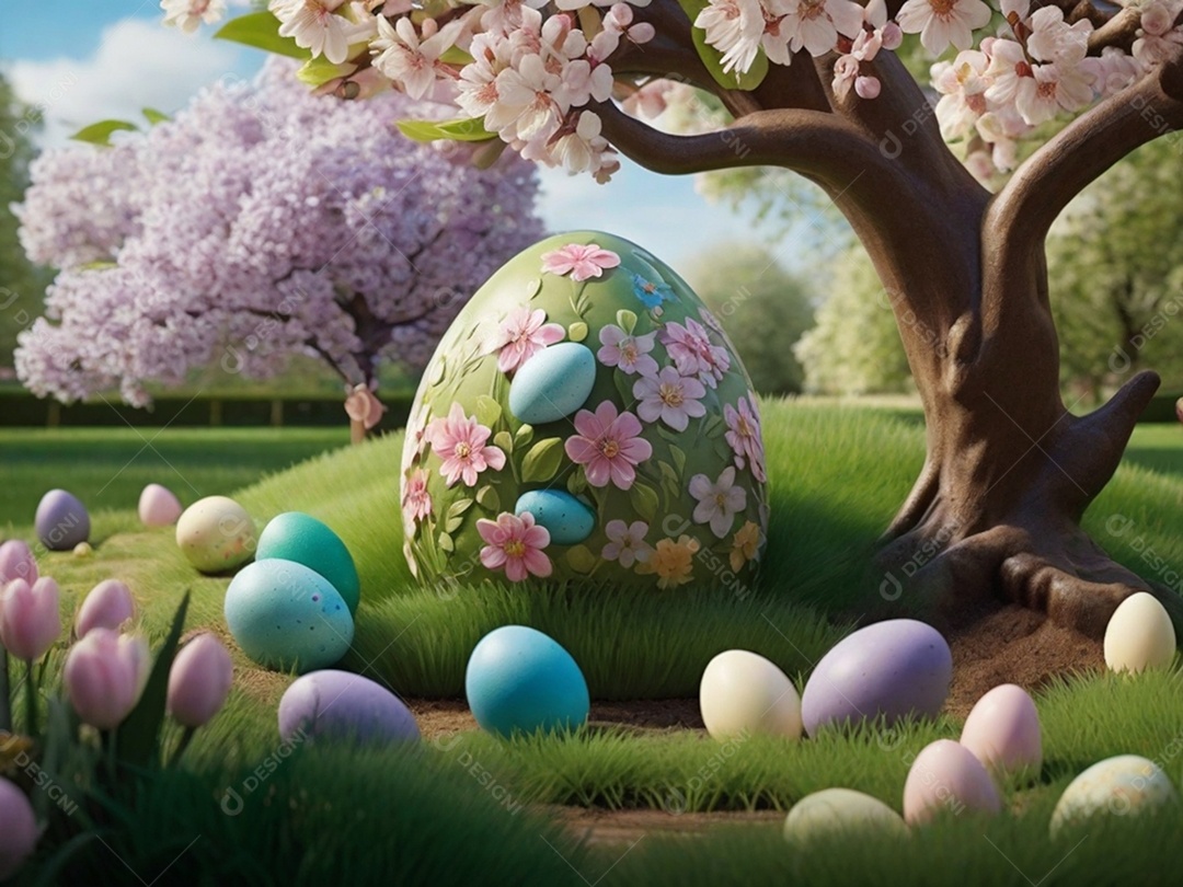 Ovos de Páscoa escondidos, cercado por árvores e flores em flor. Ideal para festas de primavera.