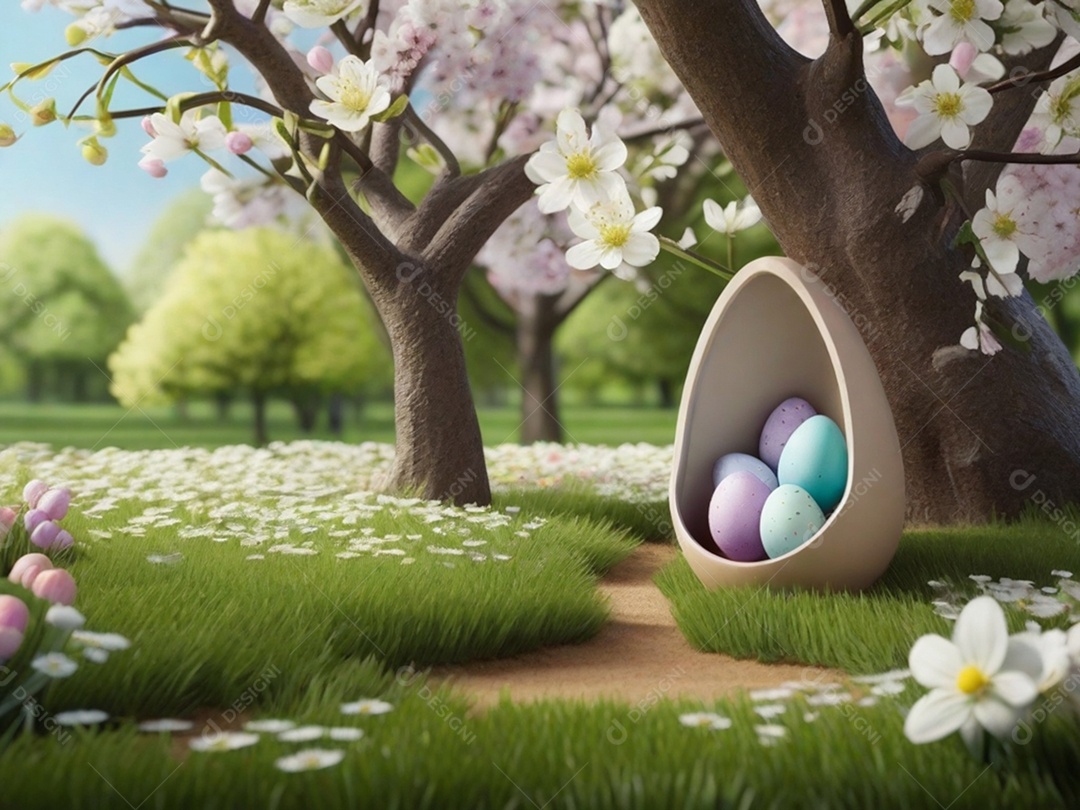Ovos de Páscoa escondidos, cercado por árvores e flores em flor. Ideal para festas de primavera.
