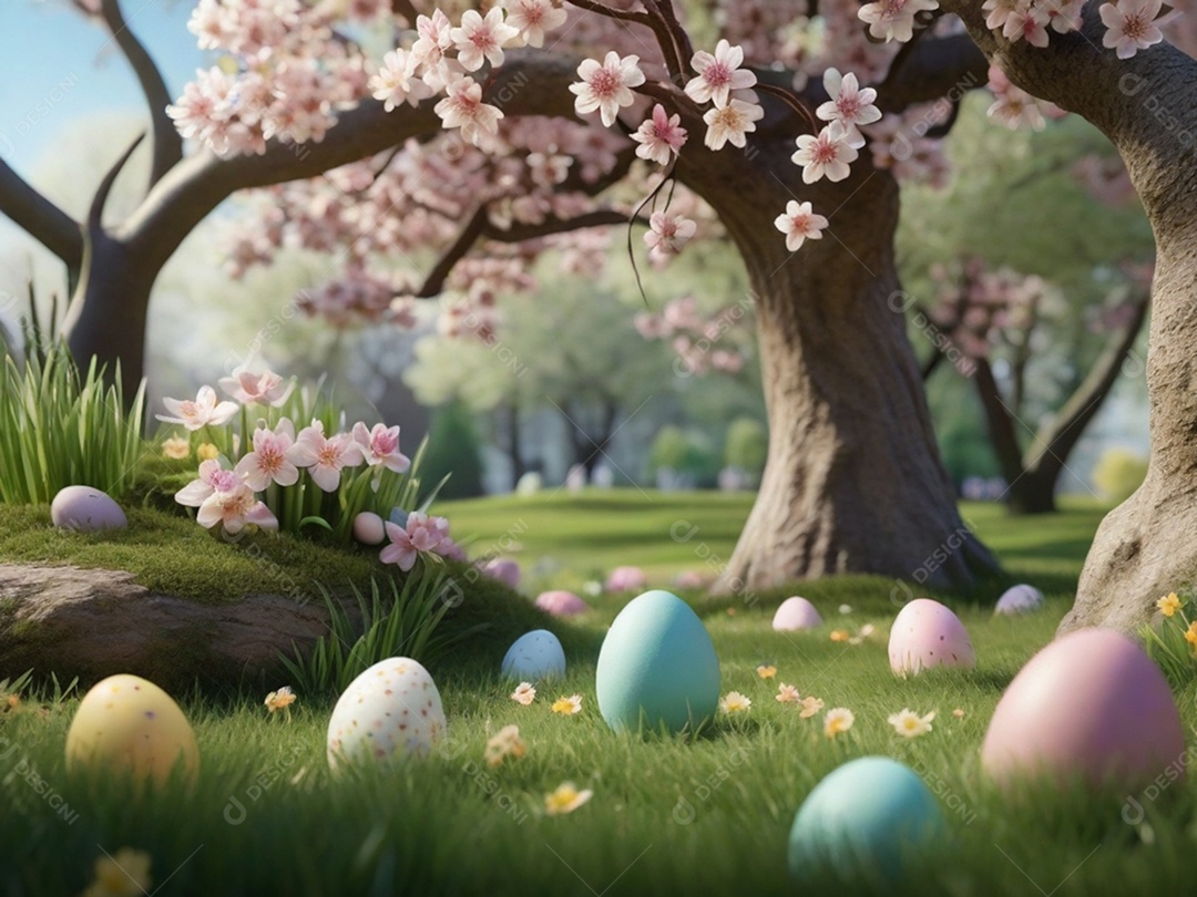 Ovos de Páscoa escondidos, cercado por árvores e flores em flor. Ideal para festas de primavera.