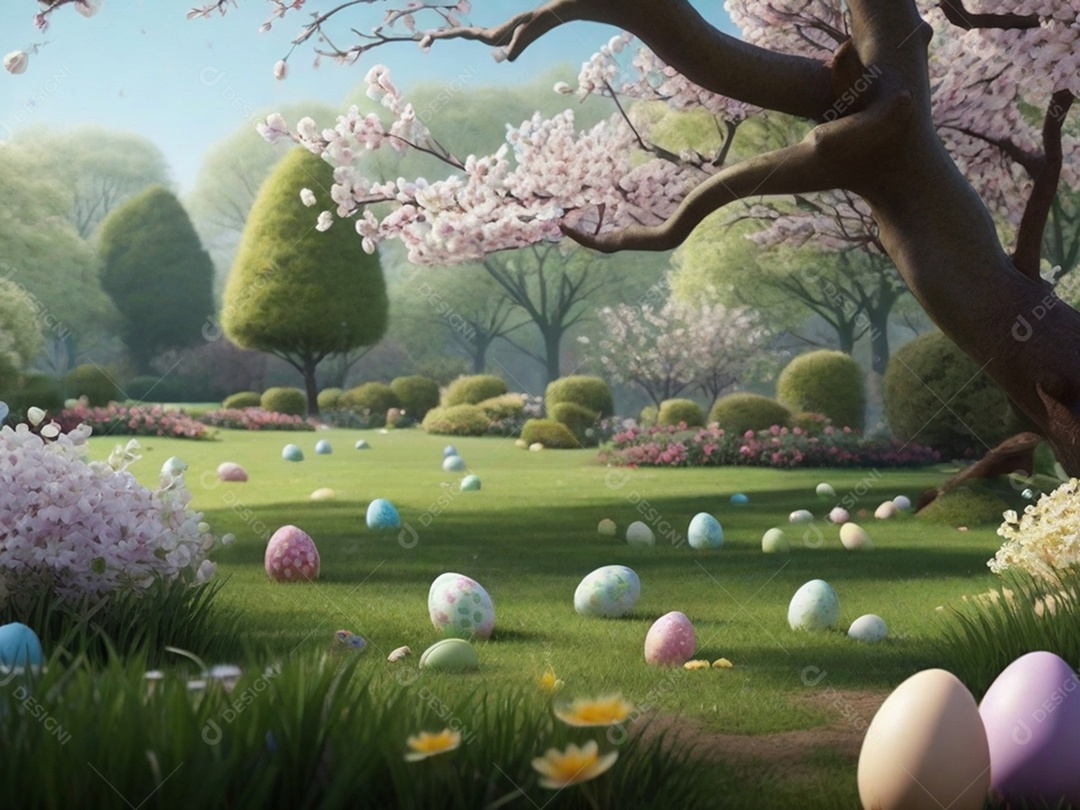 Ovos de Páscoa escondidos, cercado por árvores e flores em flor. Ideal para festas de primavera.