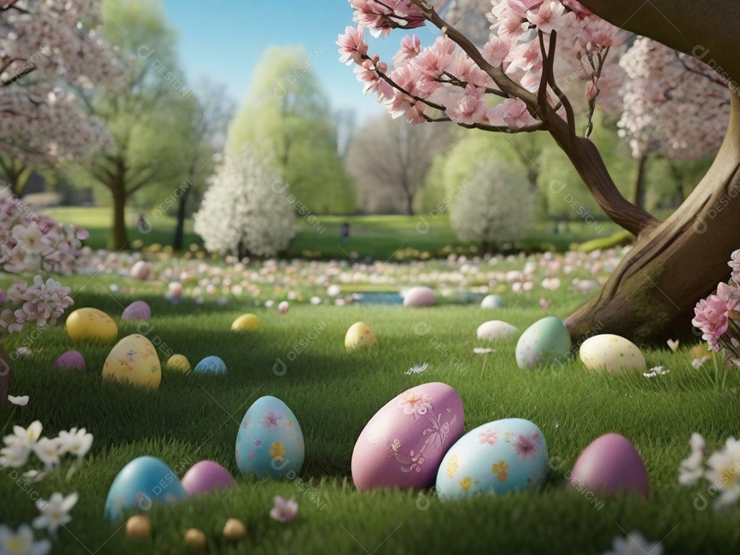 Ovos de Páscoa escondidos, cercado por árvores e flores em flor. Ideal para festas de primavera.