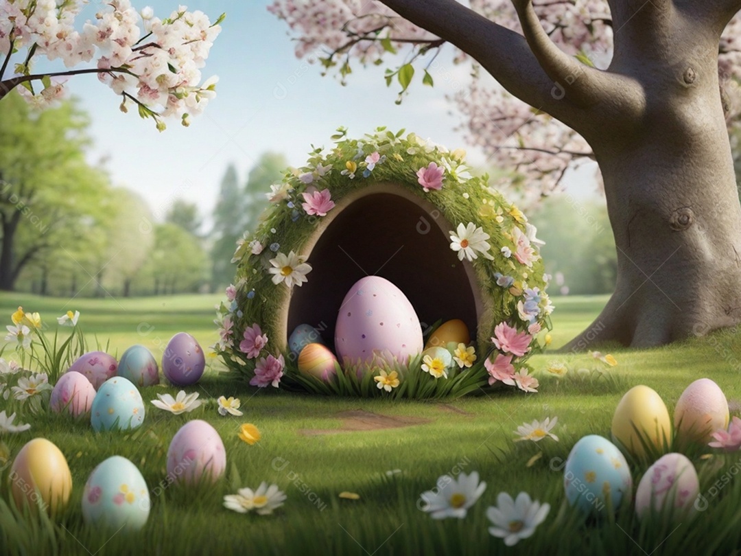 Ovos de Páscoa escondidos, cercado por árvores e flores em flor. Ideal para festas de primavera.