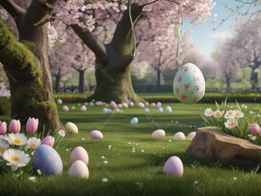 Ovos de Páscoa escondidos, cercado por árvores e flores em flor. Ideal para festas de primavera.