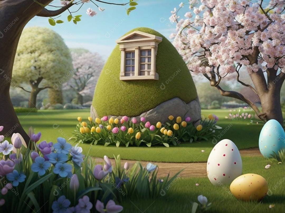 Ovos de Páscoa escondidos, cercado por árvores e flores em flor. Ideal para festas de primavera.