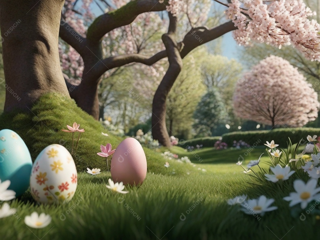 Ovos de Páscoa escondidos, cercado por árvores e flores em flor. Ideal para festas de primavera.