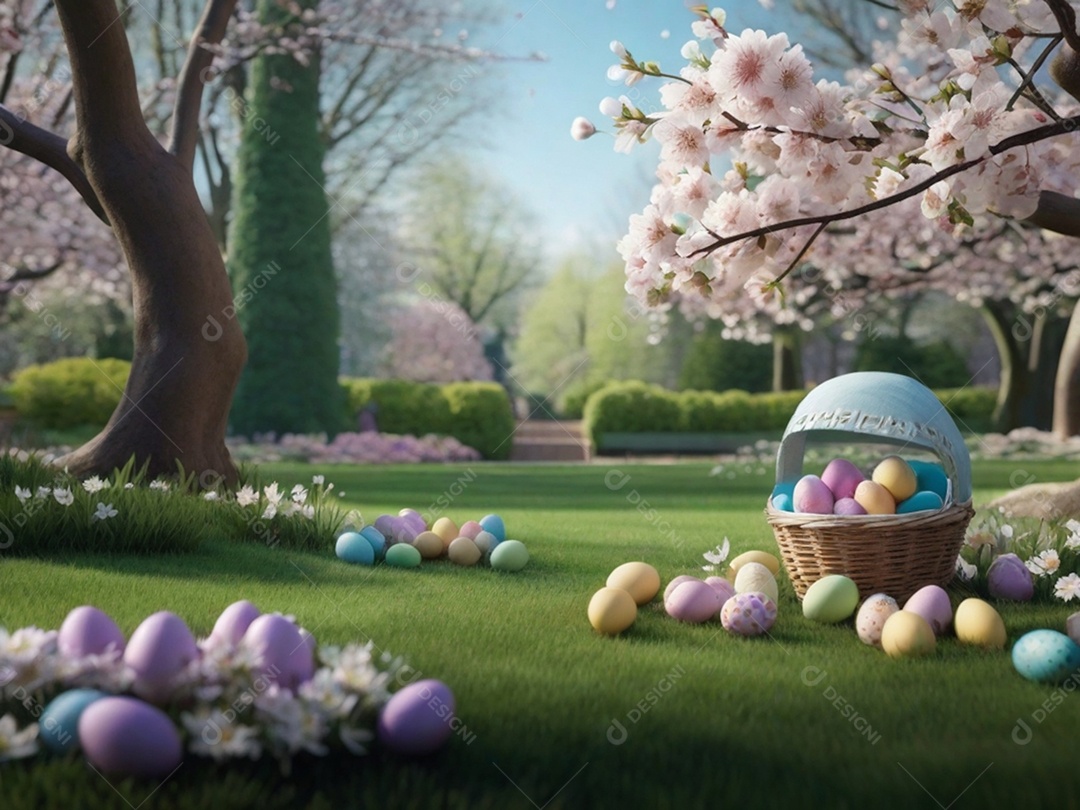 Ovos de Páscoa escondidos, cercado por árvores e flores em flor. Ideal para festas de primavera.