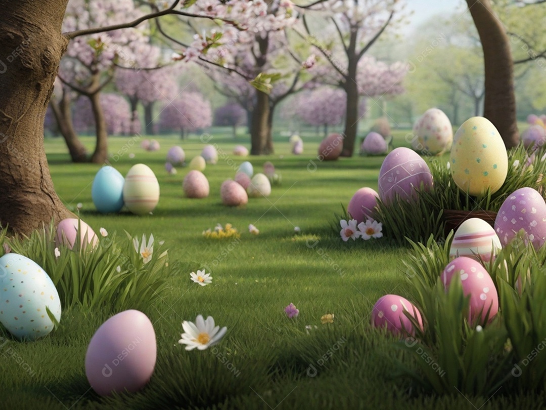 Ovos de Páscoa escondidos, cercado por árvores e flores em flor. Ideal para festas de primavera.