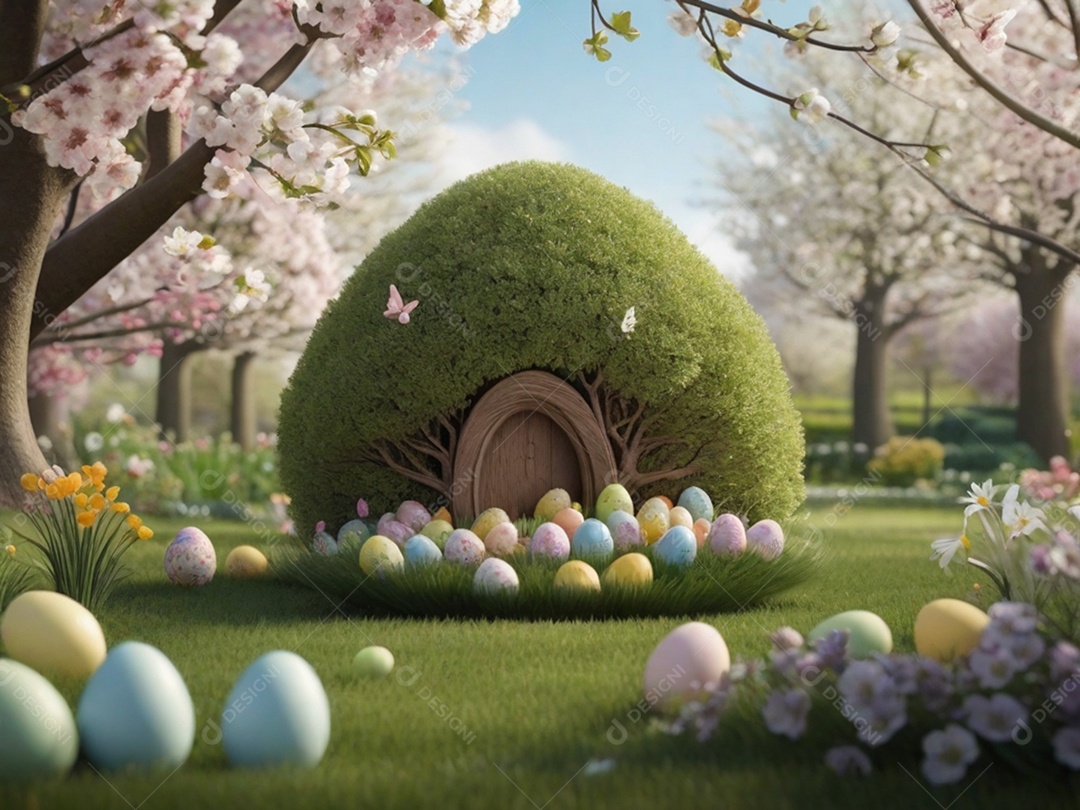 Ovos de Páscoa escondidos, cercado por árvores e flores em flor. Ideal para festas de primavera.
