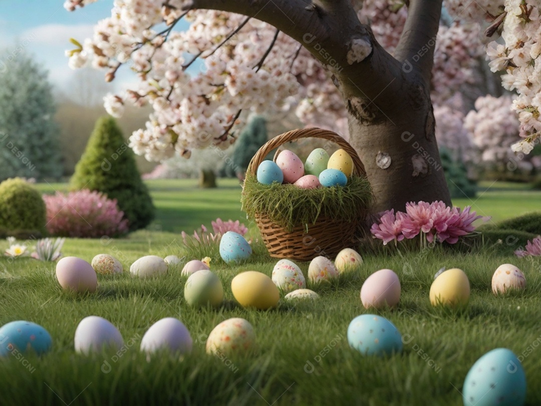 Ovos de Páscoa escondidos, cercado por árvores e flores em flor. Ideal para festas de primavera.