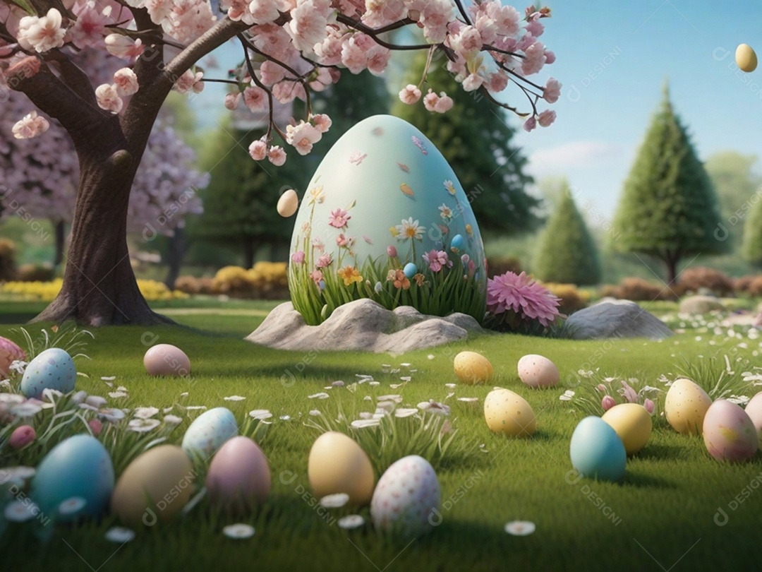 Ovos de Páscoa escondidos, cercado por árvores e flores em flor. Ideal para festas de primavera.