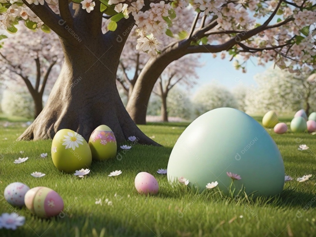 Ovos de Páscoa escondidos, cercado por árvores e flores em flor. Ideal para festas de primavera.