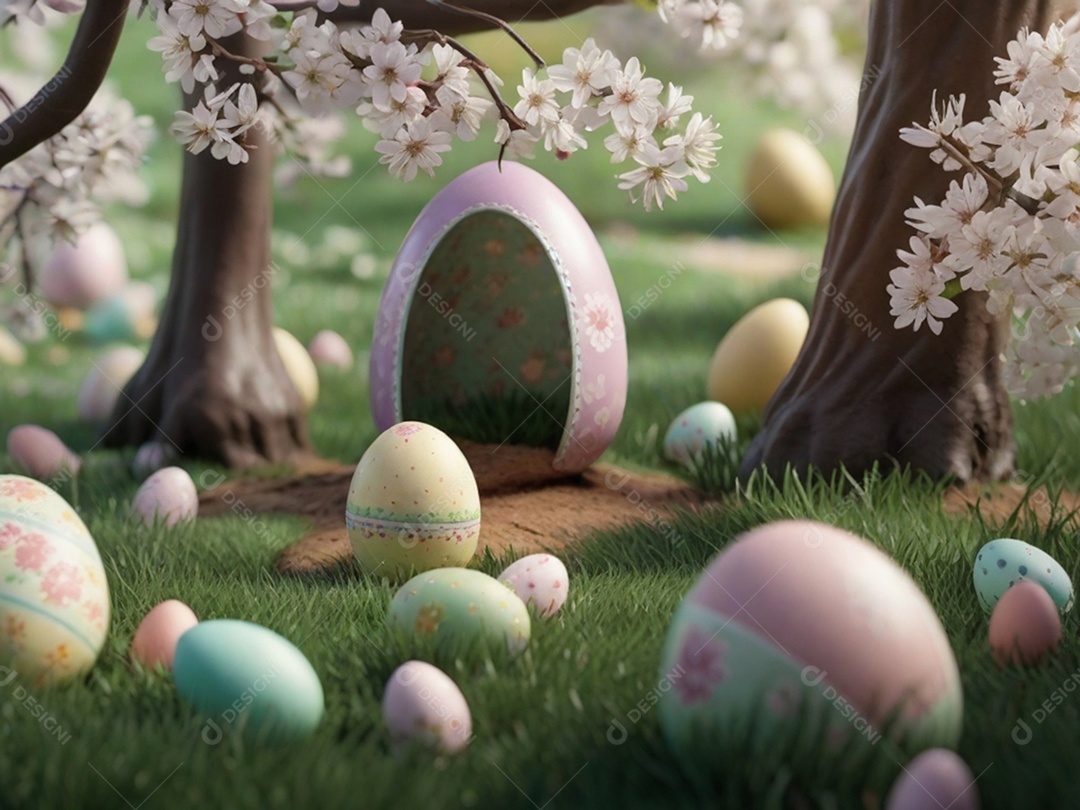 Ovos de Páscoa escondidos, cercado por árvores e flores em flor. Ideal para festas de primavera.