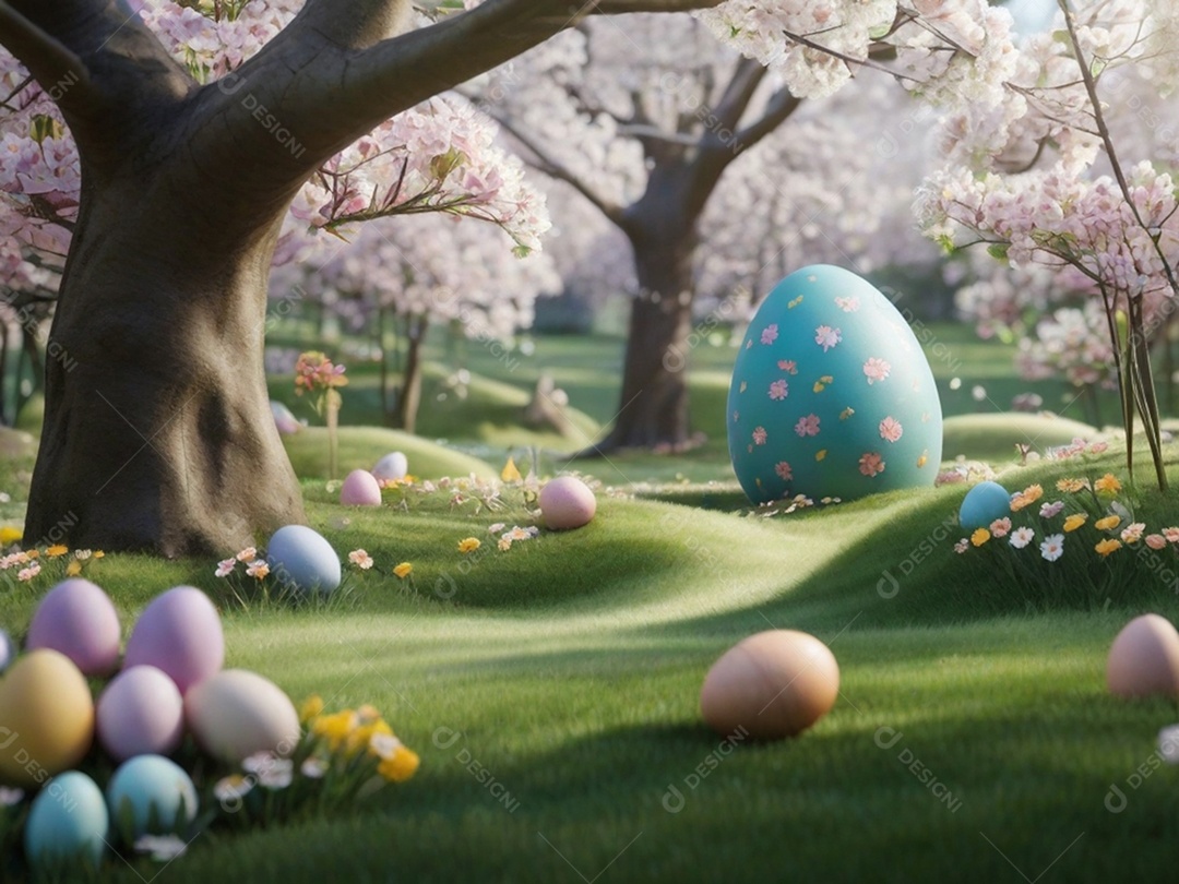Ovos de Páscoa escondidos, cercado por árvores e flores em flor. Ideal para festas de primavera.