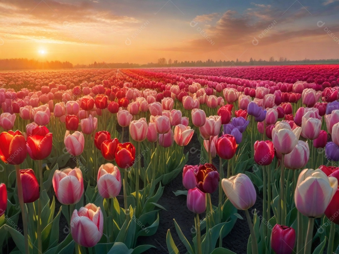 Campo de tulipas em vários tons, iluminado pela luz suave do sol da manhã. Isso pode evocar uma sensação de frescor e renovação.