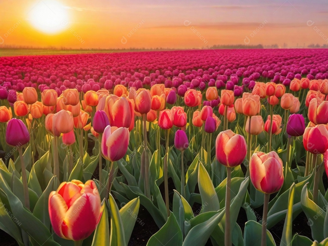 Campo de tulipas em vários tons, iluminado pela luz suave do sol da manhã. Isso pode evocar uma sensação de frescor e renovação.