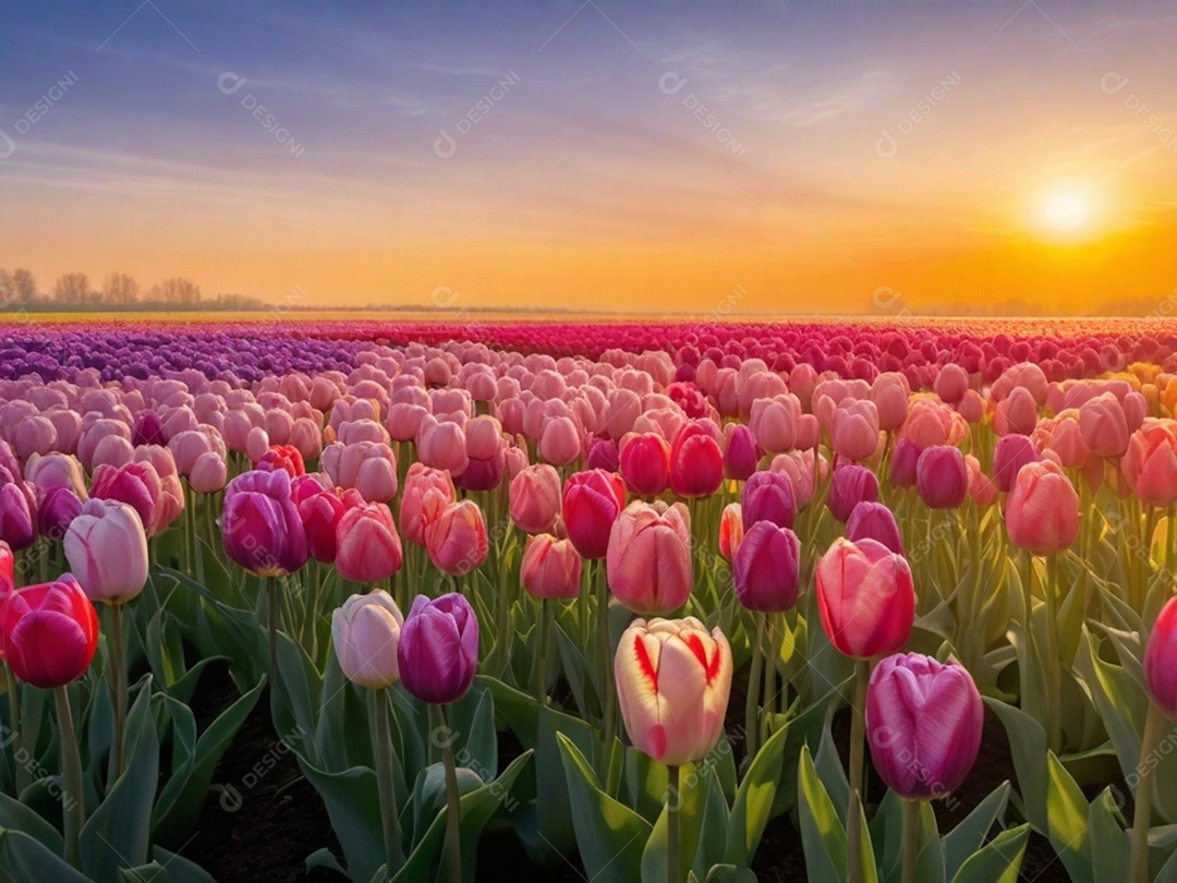 Campo de tulipas em vários tons, iluminado pela luz suave do sol da manhã. Isso pode evocar uma sensação de frescor e renovação.